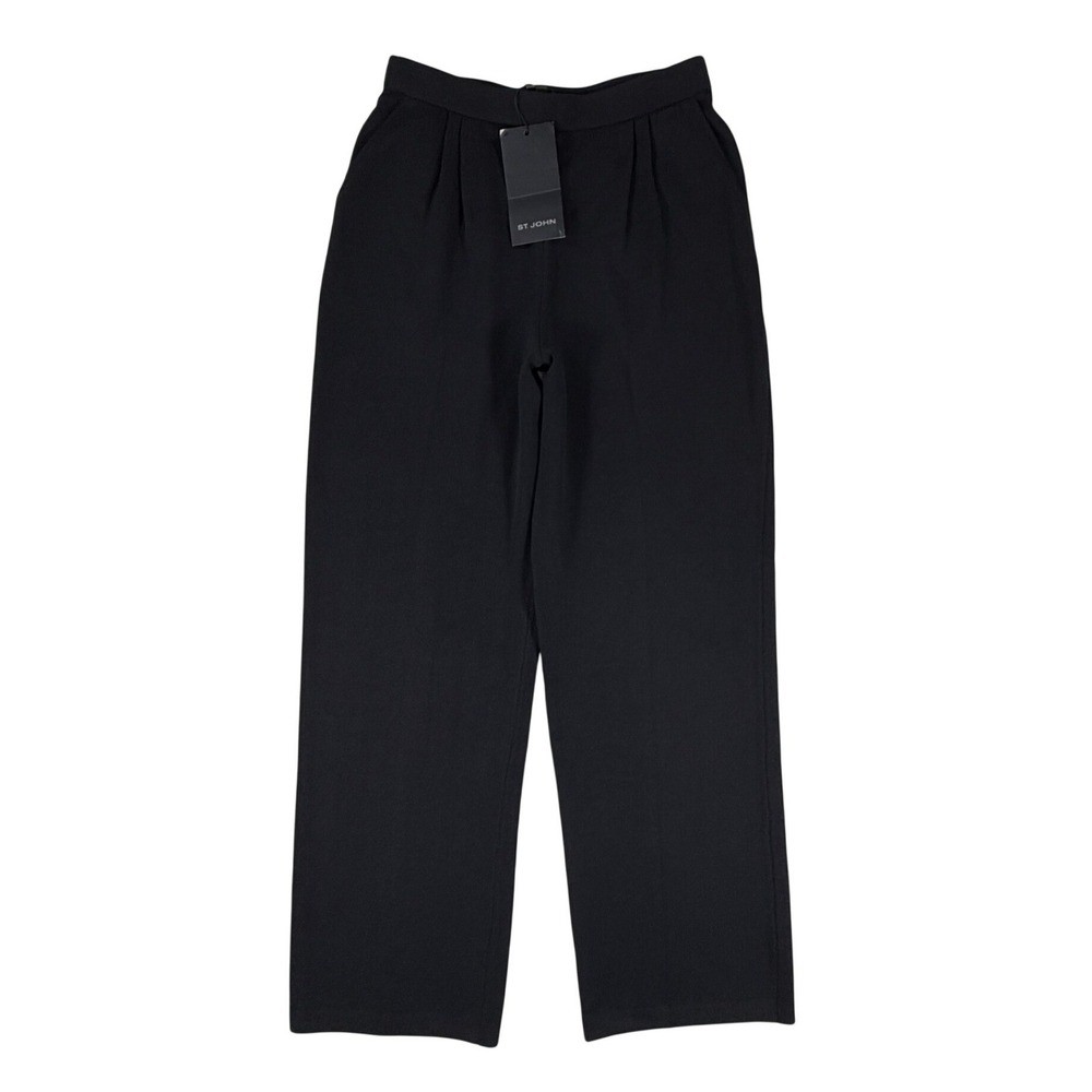 NWT St John Santana Knit Pants Caviar Black Wool Blend Pleated Straight Leg $495